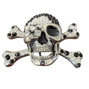 Skull and Crossbones Y2K Silver Belt Buckle Rhinestones Maximalism Glam Punk